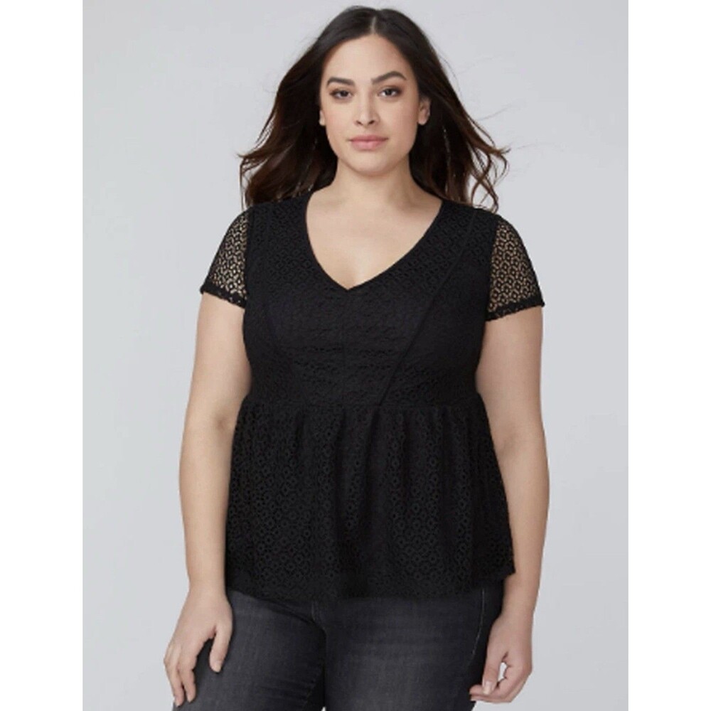 Lane Bryant Women’s Size 26/28 Shirred Peplum Lace V-Neck Top In Black